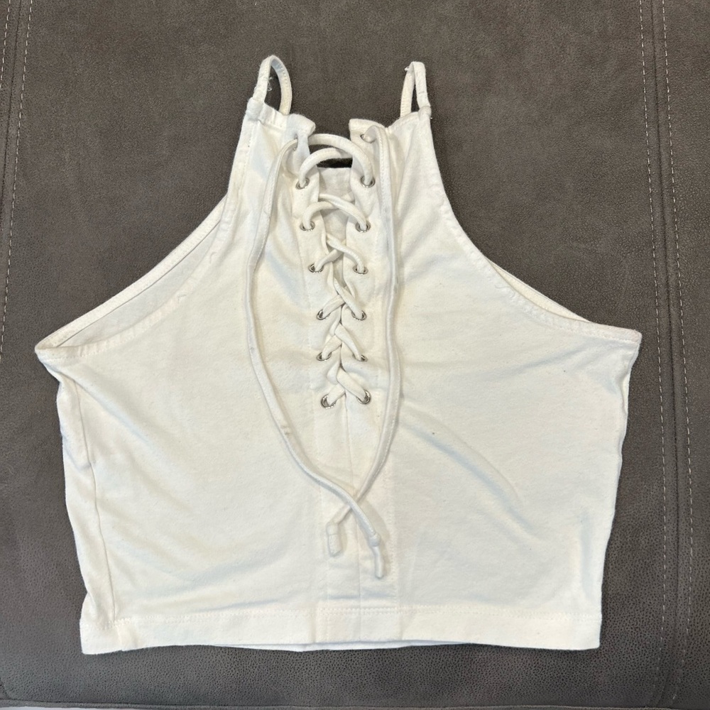 White high neck tie up crop top